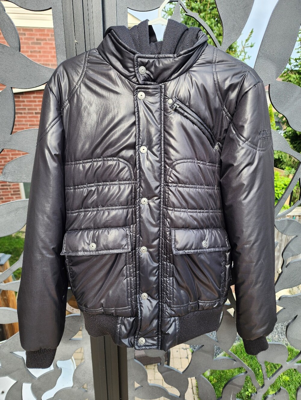 Vintage GUESS Men's Shiny Black Puffer Jacket Coat Full Zip Removable Hood Small